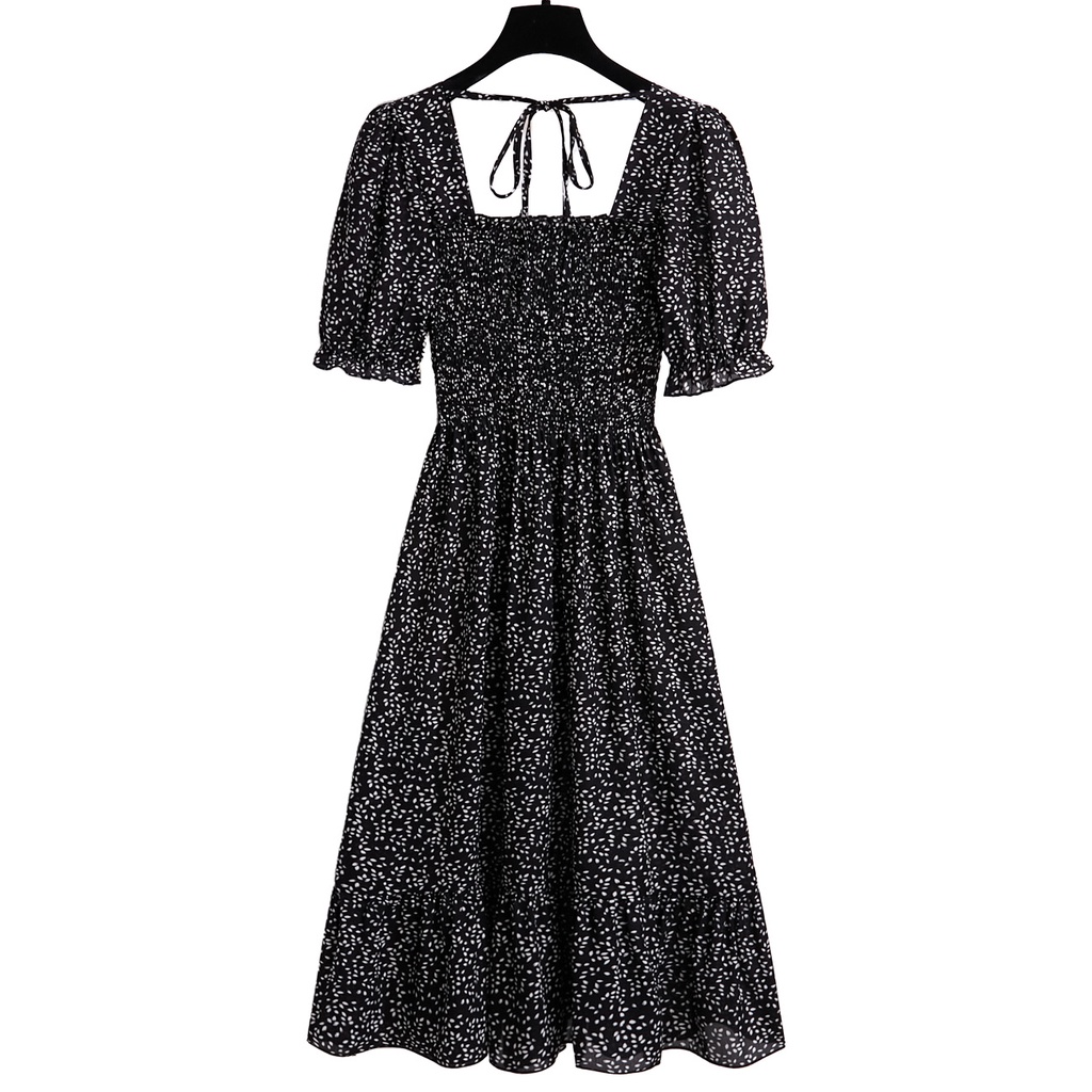 Fashion Gaya Korea Gaun Lengan Pendek Hitam Bunga Wanita Bali Dada Lipit Musim Panas Dress Satu Bahu Fashion Korean Short Sleeve Summer Floral Midi Dress