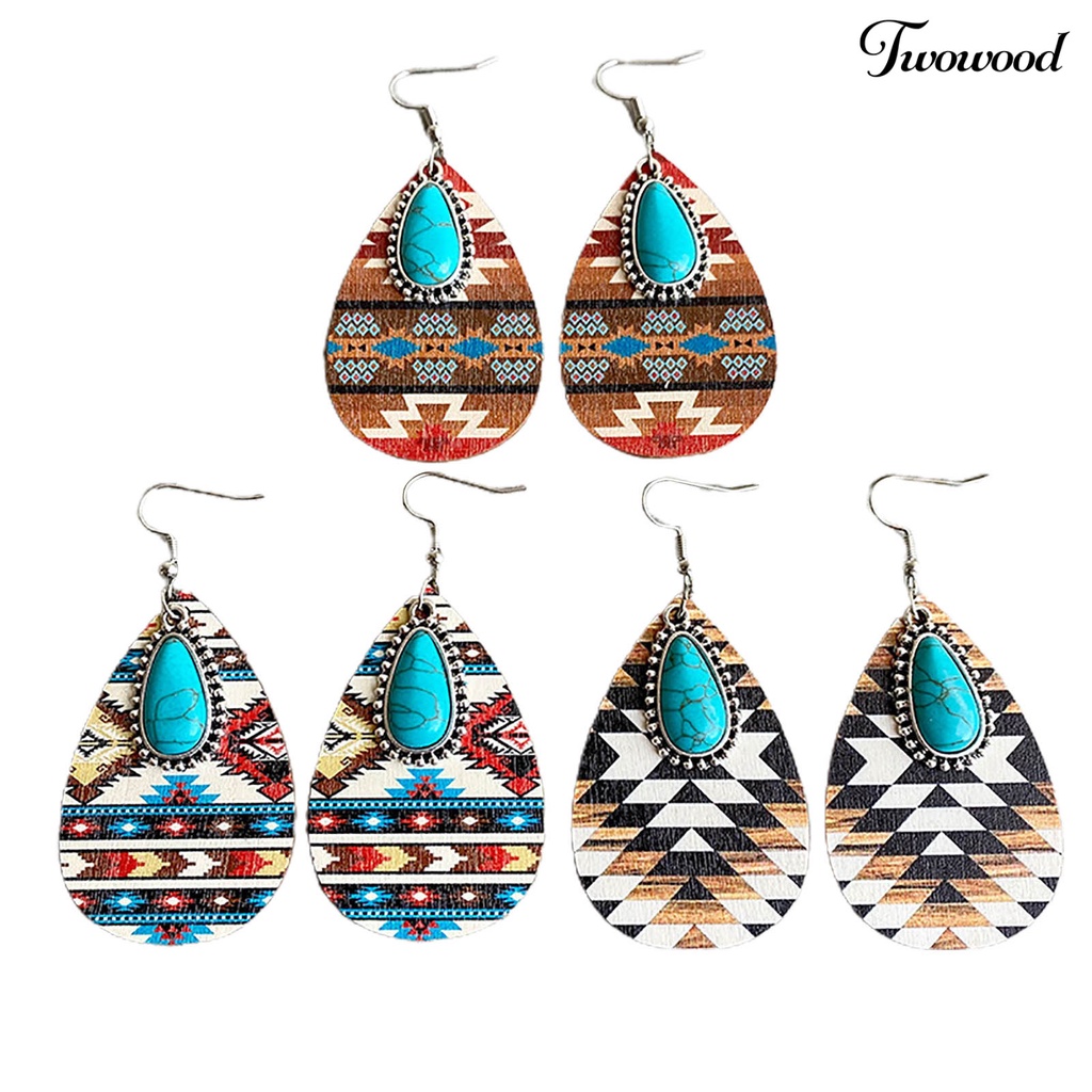 Twowood 1pasang Menjuntai Anting Bohemian Retro Gaya Etnik Imitasi Turquoise Pola Aztec Berdandan Hadiah Wanita Tetesan Air Liontin Anting Boho Perhiasan