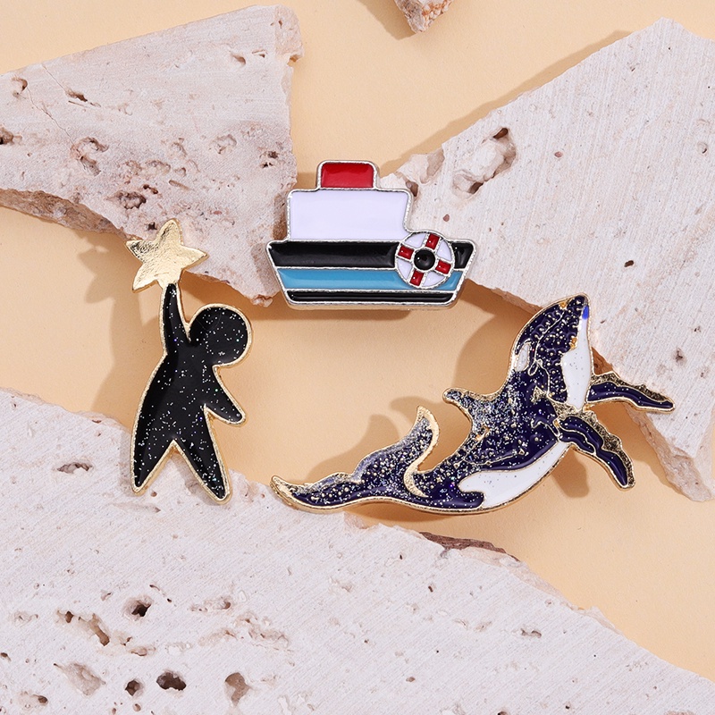 Perahu Paus Enamel Pin Bintang Hewan Lencana Logam Bros Wanita Anak Hadiah Perhiasan Lapel Topi Sweater Aksesoris Grosir