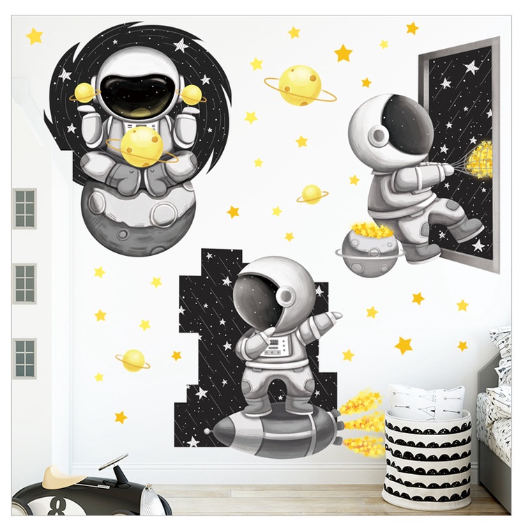 Stiker Dinding Roket Luar Angkasa Untuk Anak Dekorasi Dinding Kamar Anak Kartun Astronot Dapat Dilepas PVC Decals