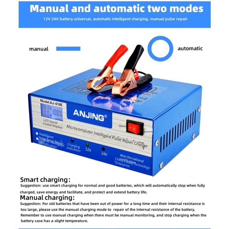 (dalam stok, dikirim dari jakarta)Pengisi daya baterai mobil dan sepeda motor universal Pengisi daya baterai mobil 12V / 24V, perbaikan pulsa komputer mikro mode ganda manual otomatis