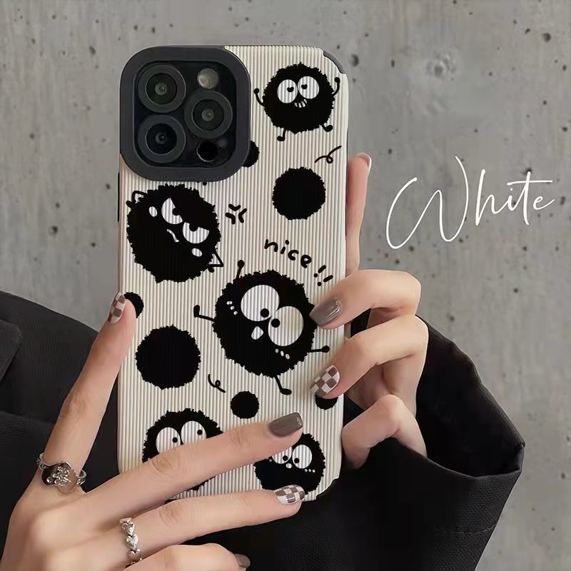 Leather Soft Case for iPhone 7 Plus 8 Plus X XS XR XS Max 11 13 12 14 PRO Max 14 Plus Cute Black coal ball Ins girl