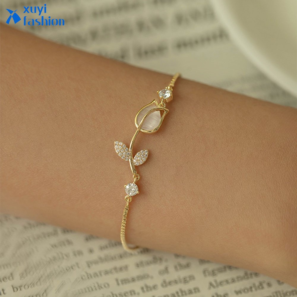 Gelang Emas Tulip Sederhana Untuk Wanita Gelang Kristal Opal Perhiasan Aksesoris Fashion