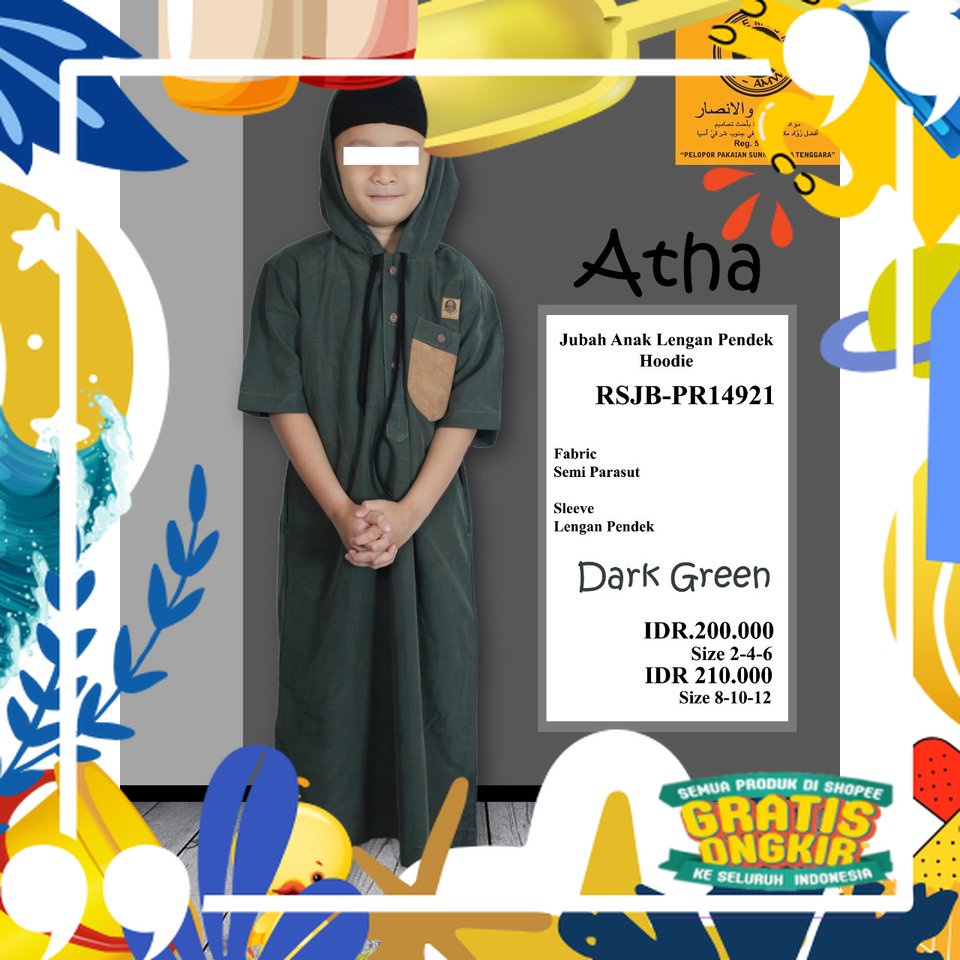 Blackwhite / jubah hoodie anak laki laki lengan pendek al amwa pakian muslim anak