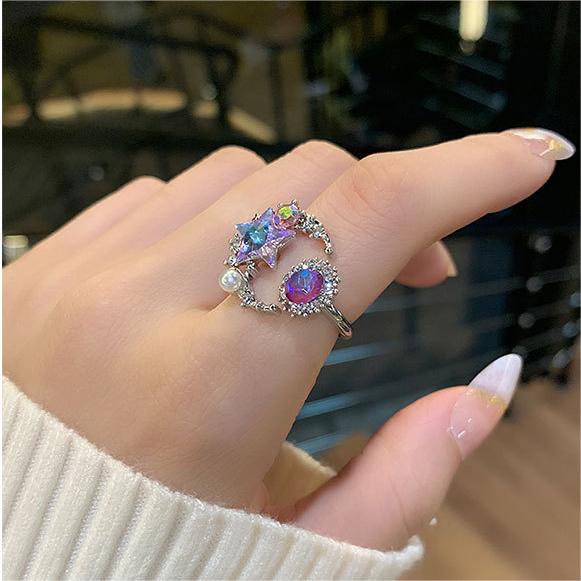 Retro Bulan Bintang Warna Perak Cincin Berlian Imitasi Mutiara Logam Rings Desain Terbuka Cincin Yang Dapat Disesuaikan Pacar Pasangan Rings Wanita Aksesoris Fashion