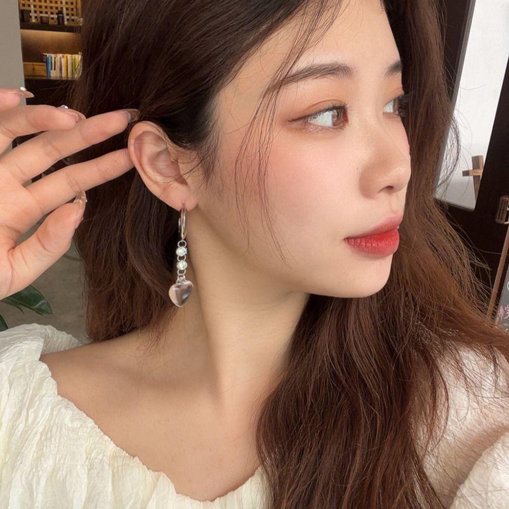 Needway  Wanita Anting Pesona Indah Halus Desain Niche Fashion Perhiasan Gadis Hadiah Berlian Imitasi Hati Tergantung Gaya Korea Menjuntai Anting-Anting