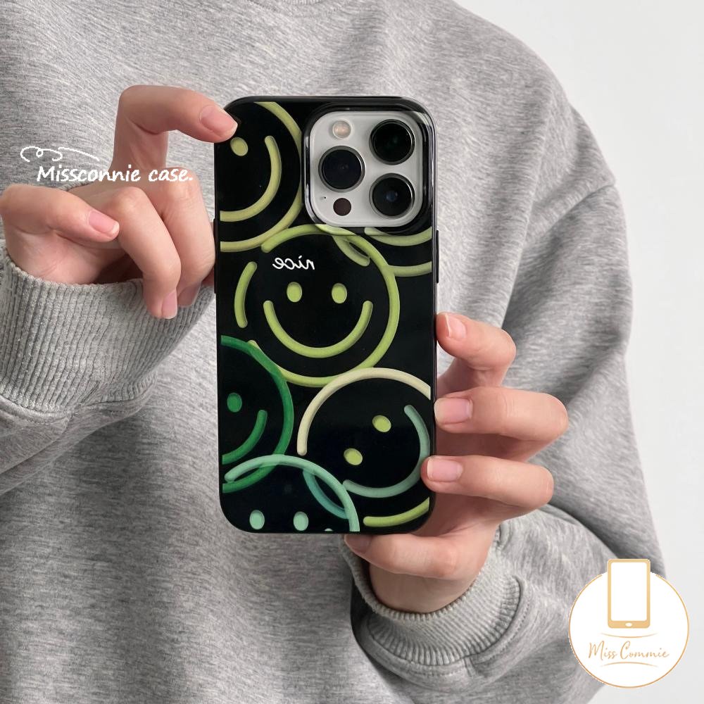 IPHONE Kartun Pink Cherry Gadis Keren Casing Ponsel Hitam Kompatibel Untuk Iphone11 14 13 12 Pro Max 7plus XR 78 Plus X XS Max SE 2020 Lucu Cinta Hati Smiley Shockproof Glossy Soft Cover