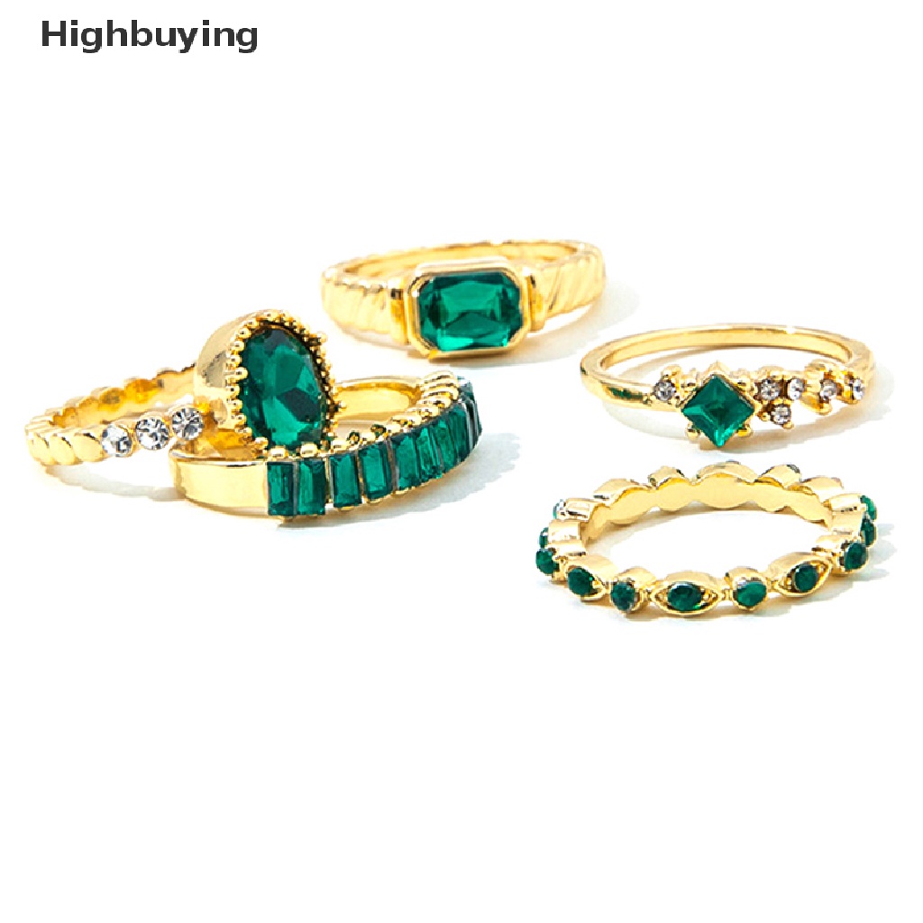 Hbid 5 Pcs Hijau Kristal Cincin Set Untuk Wanita Geometris Hias Berlian Vintage Rings Set Geometris Lady Perhiasan Hadiah Glory