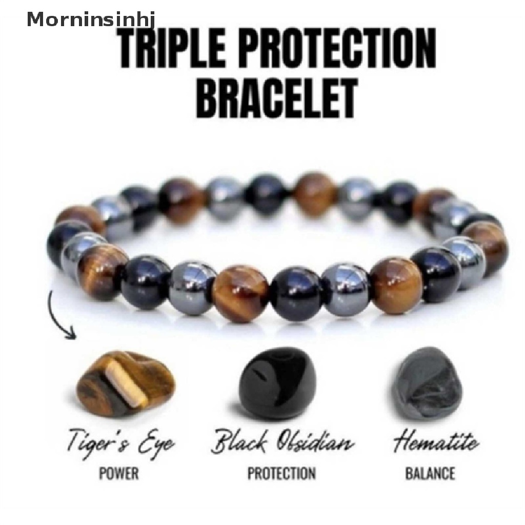 Mornin Fashion Gelang Batu Alam Tiger Eye Triple Protection Hematite Dan Black Obsidian Bracelet id