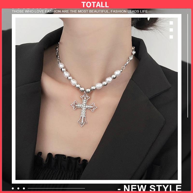 COD Kalung Alloy Vintage Pearl Cross Pendant Punk Sweter Serbaguna Wanita-Totall