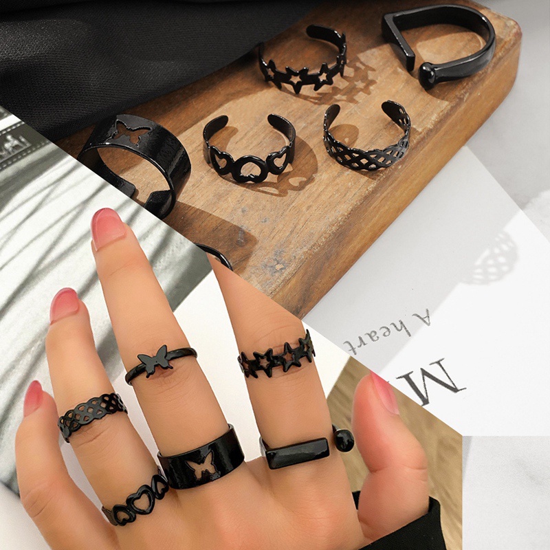 6pcs/set Punk Jari Cincin Minimalis Halus Hitam Geometris Logam Cincin Untuk Wanita Perempuan Pesta Fashion Perhiasan