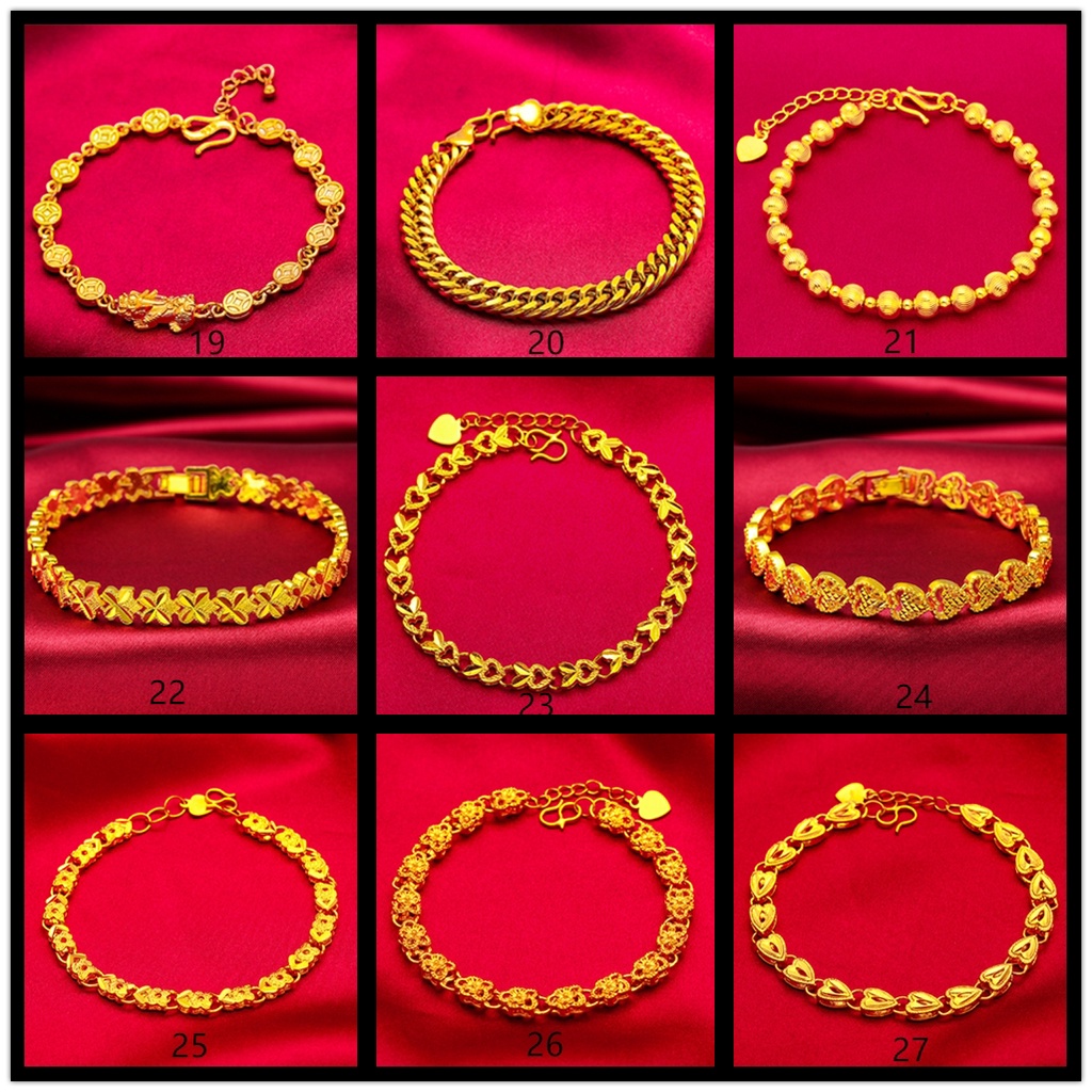 Goldkingdom Aksesoris Perhiasan Fashion Ready Stock Imperious Lapis Emas 24k Gelang Kasar Pria Dan Wanita Pasangan Minimalis Bentuk Cinta Tipis Gelang Rantai