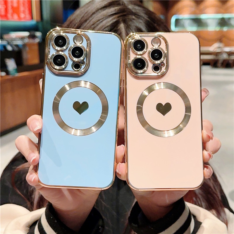 IPHONE Soft Electroplated Love Heart Magnetic attraction Phone Case Kompatibel Untuk Iphone11 12 13 14 Pro Max XS X7 /8 Plus Silikon grease proofing Tahan Guncangan Dan Tahan Air Casing