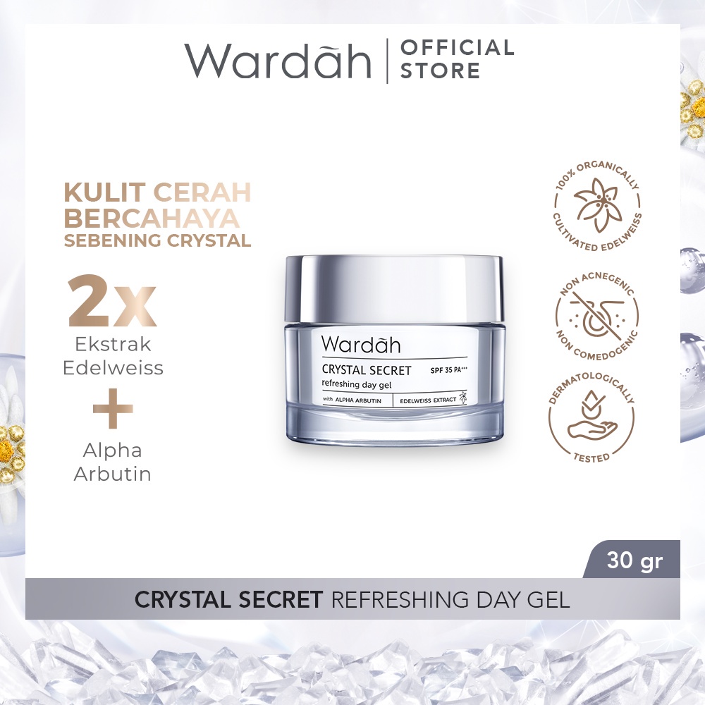 WARDAH Crystal Secret Refreshing Day Gel Indonesia / Pelembab Wajah 15ml 30g / SPF 35 PA+++ / With Alpha Arbutin Edelweiss Extract / Light Watery Hydration For Crystal Bright Skin / Moisturizer Kulit / Skincare Face Care Series / Pagi Malam Night Krim