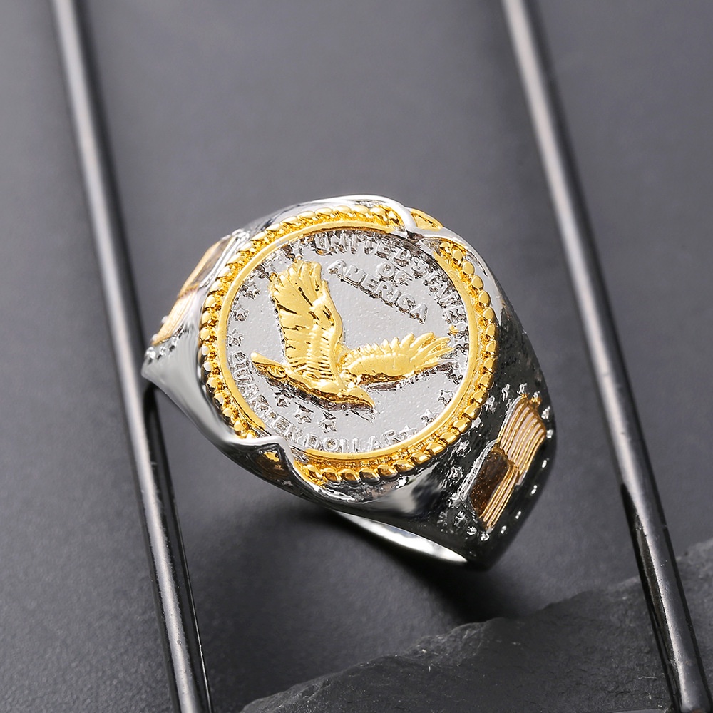 AMERICAN EAGLE Goldkingdom Fashion Perhiasan Aksesoris Ready Stock, Baru S925 Berlapis Perak Elang Cincin Elang Amerika Melambangkan Hip Hop Viking Elang Dua Warna Emas Asli Kadar 375 Kuning 18 K