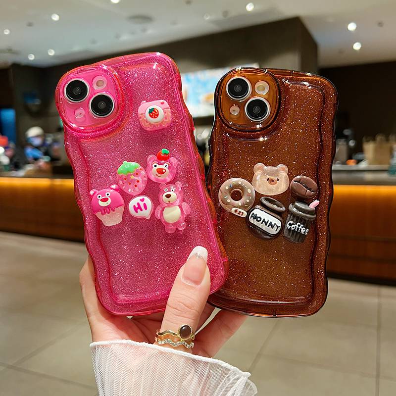【Wave Doll】Cute LOTSO Soft Case iPhone X XR XS Max 11 12 13 14 Pro Max Strawberry Bear Cartoon Clear Phone Case Camera Protect Pink