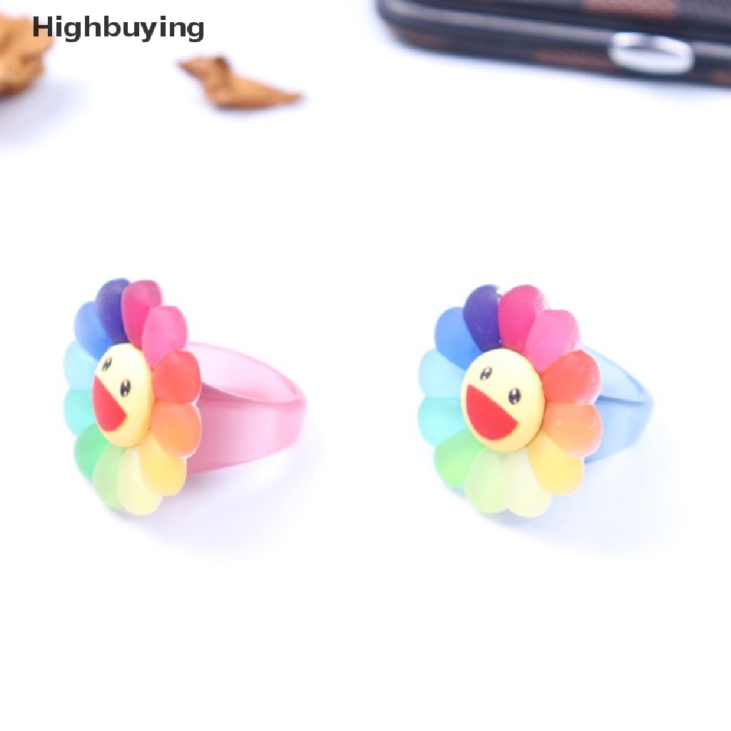 Hbid Hujan Permen Warna Sun Flower Smiley Face Cincin Resin Akrilik Untuk Wanita Fashion Lucu Manis Keren Cincin Gadis Perhiasan Hadiah Glory