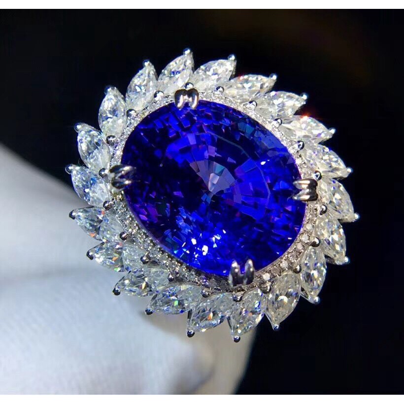 Goldkingdom Aksesoris Perhiasan Fashion Ready Stock Imitasi Alami 5A Royal Biru Tanzanite Putri Diana Cincin Terbuka Berlapis Dengan 18 K Emas Asli Kadar 375 Putih Micro-set Perhiasan Mewah