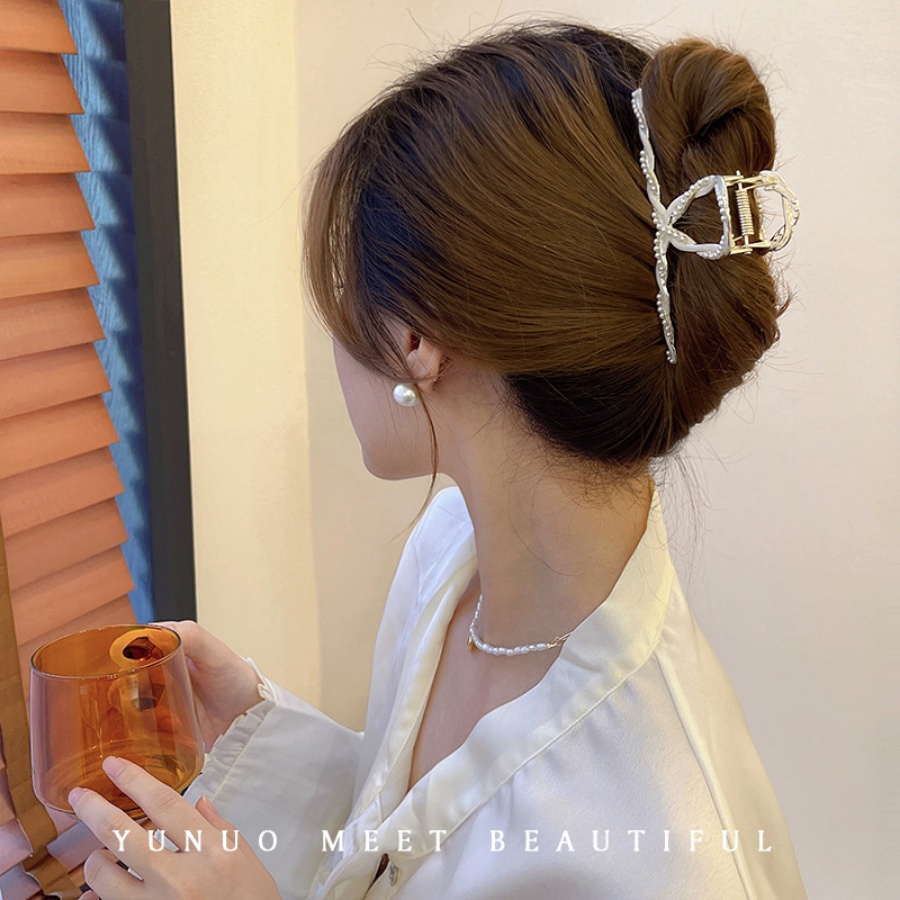 Korea Silang Berlian Imitasi Mutiara Rambut Klip Rambut Cakar Kristal Logam Jepit Rambut Ponytail Holder Aksesoris Rambut