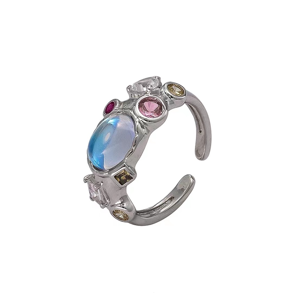 Colorful Moonstone Rings for Women Silver Zircon Open Ring Accessories