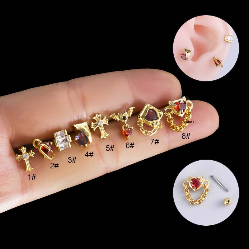 1biji Sekrup Kepala Ganda Bahan Stainless Steel 20Gauge Piercing Helix Lobe Pinna Earring Stud Dengan Zircon