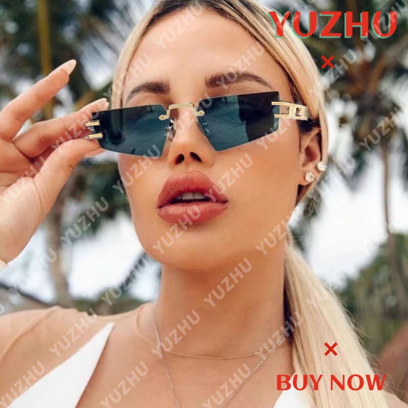 (YUZHU) Hip Hop Gaya Punk Frameless Serat Kayu Kaki Kacamata Hitam Wanita Mode Barat High End Sense Shaped Sunglasses