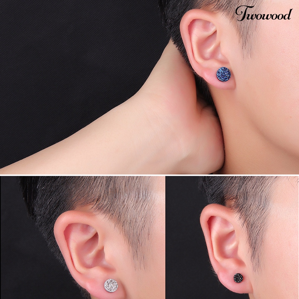 Twowood 1pasang 8mm Ear Studs Bulat Mini Minimalis Perhiasan Fashion Mempesona Kristal Imitasi Pria Wanita Anting Untuk Outdoor