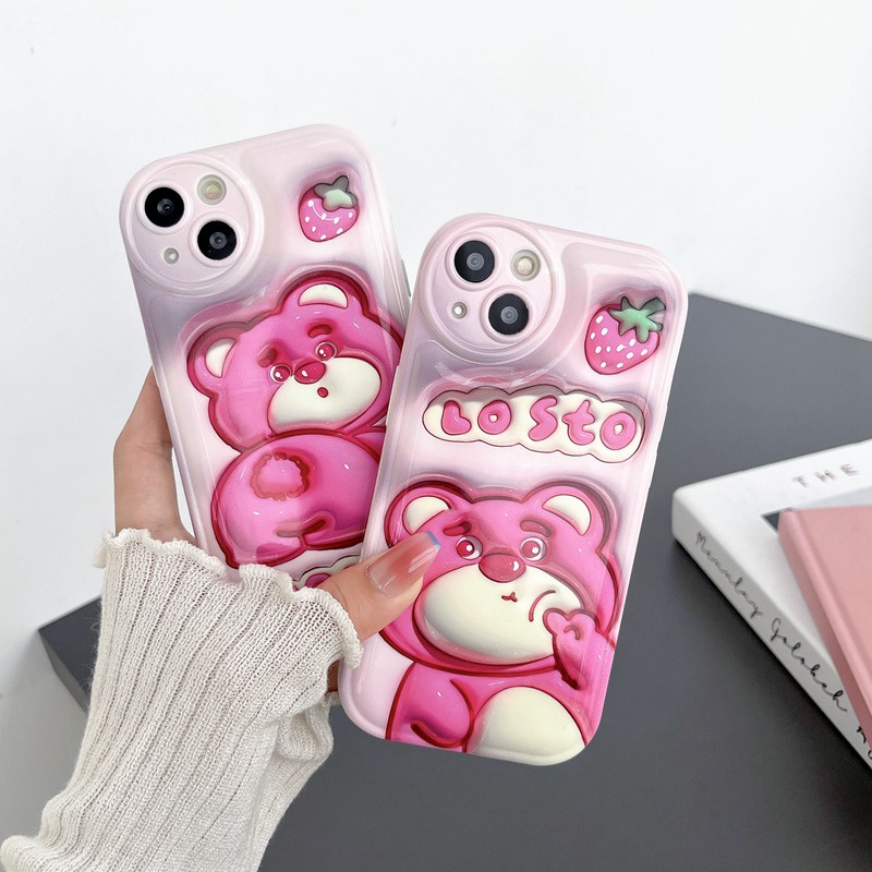 【LOTSO 】Airbag Case for IPhone 6S 7 8 Plus XR XS Max IPhone 11 12 13 14 Pro Max 14 Plus 7+ 8+ Silicone Soft Case Cute Strawberry Cartoon Bear