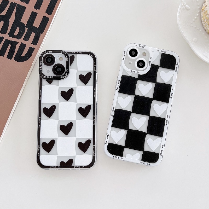 IPHONE Soft Case Pelindung Handphone Untuk Iphone14 13 12 11 Pro MAX X XR XS Max7 8 Plus Hitam Putih Cek love Hati