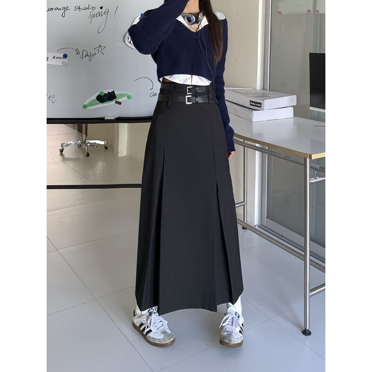 Red Lipit Rok A-line Musim Gugur Versi Korea 2022 Fashion Pinggang Tinggi Rok Panjang Model High-End Setelan Rok Wanita In Tide