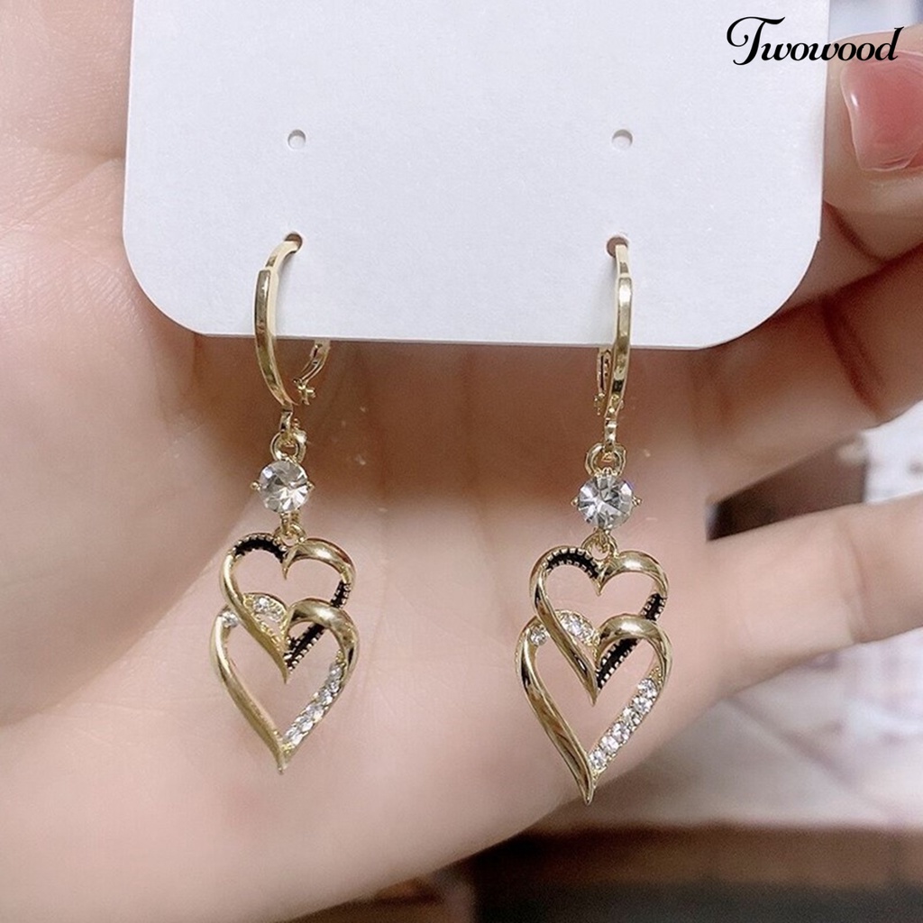 Twowood 1pasang Anting Menjuntai Retro Korea Gaya Double-layers Cinta Hati Berkilau Berlian Imitasi Drop Earrings Fashion Jewelry