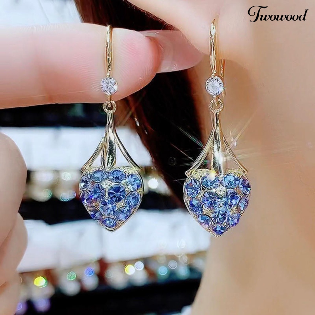 Twowood 1pasang Menjuntai Anting Temperamen Panjang Mengkilap Penuh Berlian Imitasi Berkilau Hias Hadiah Wanita Hati Drop Anting Trendi Perhiasan Aksesori Fashion