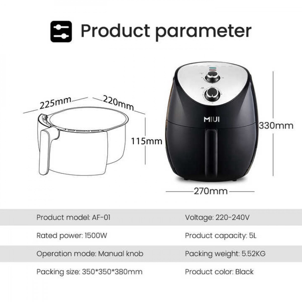 MIUI Air Fryer Mesin Penggoreng Tanpa Minyak Anti Lengket 5 L Button