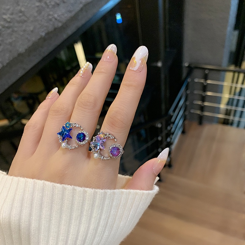 Mutiara Bulan Bintang Cincin Jari Berlian Indah Hadiah Fashion Elegan Cincin Planet Biru Sederhana Fashion Cincin Pesta Pernikahan Berlian Imitasi Bersinar Cincin Pembukaan Yang Dapat Disesuaikan Cincin