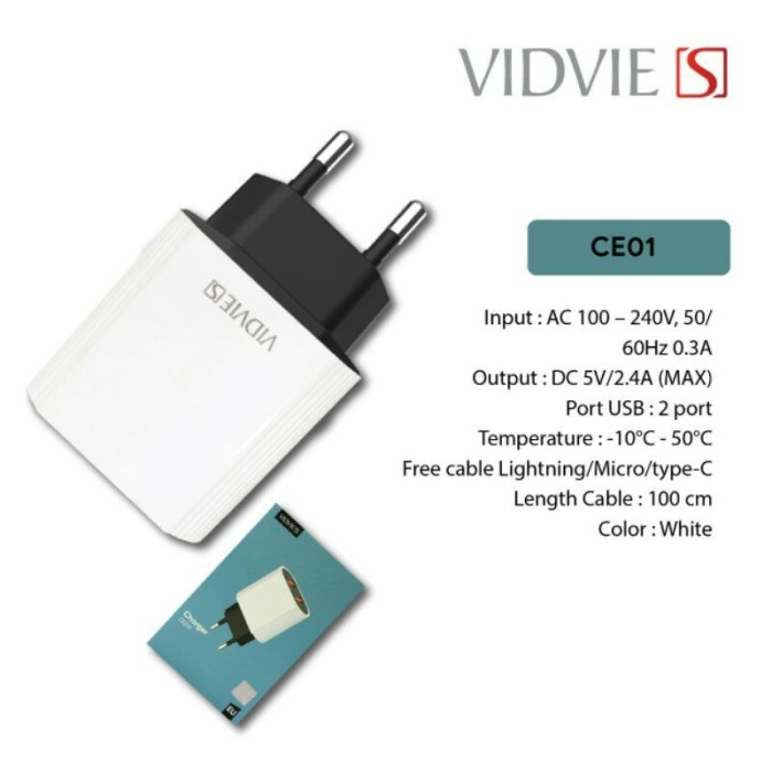 Vidvie S Charger Adaptor Fast Charging 12Watt 1 USB Port CE01 TC - White