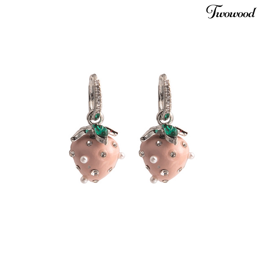 Twowood 1pasang Anting Menjuntai Strawberry Berlian Imitasi Mutiara Imitasi Perhiasan Gaya Korea Anting Lingkaran Berkilau Aksesoris Fashion