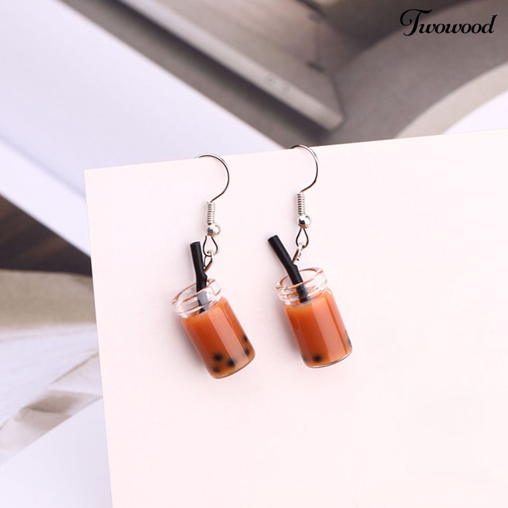 Twowood 1pasang Anting Kait Lucu Imut Gaya Sederhana Hypoallergenic Hadiah Kaca Teh Susu Liontin Wanita Menjuntai Anting Perhiasan Fashion