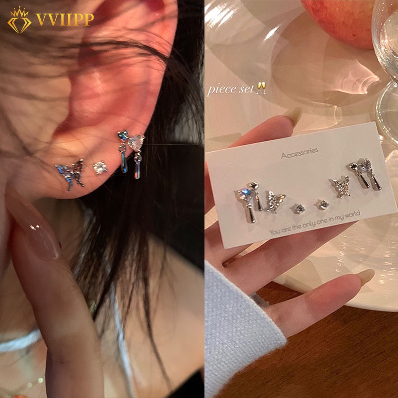 6pcs/set Liquid Butterfly Earring Set Fashion Kristal Hati Perak Stud Earrings Untuk Aksesoris Perhiasan Wanita