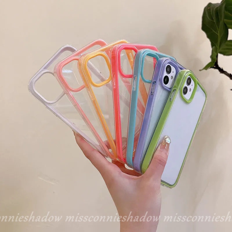 IPHONE Casing 3in1 Mewah Macaron Warna Permen Kompatibel Untuk Iphone11 Pro Max 7Plus 8Plus XR 13 12 11 14 Pro Max 7 8 14 Plus X XS Max SE 2020 Silikon Transparan Shokcproof Bumper Cover