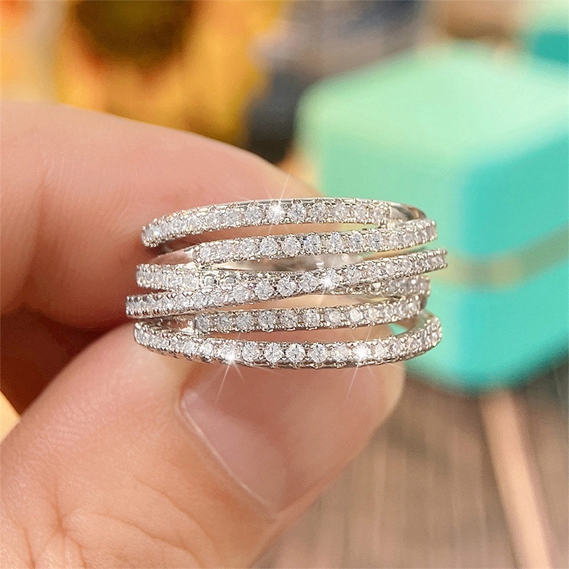 Fashion Cincin Jari Silang Multi-Layer Dengan Batu Cubic Zirconia Mempesona Pakaian Sehari-Hari Statement Rings Untuk Wanita Perhiasan Pesta