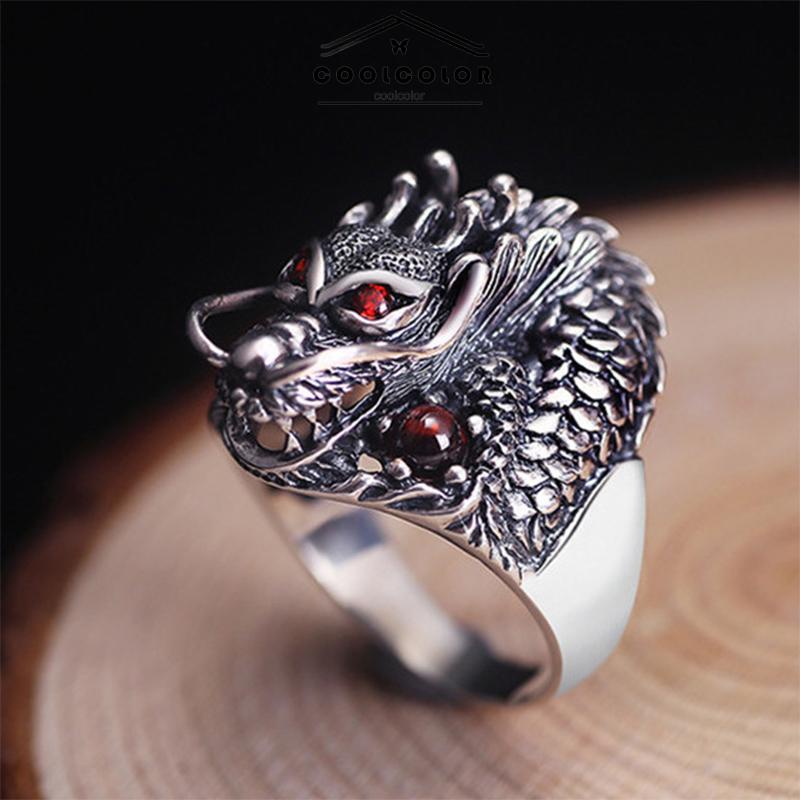 COD❤️Cincin Titanium Pria Punk Desain Dragon Naga Retro Anti Karat Vintage Adjustable Fashion Untuk Pria Murah- cl