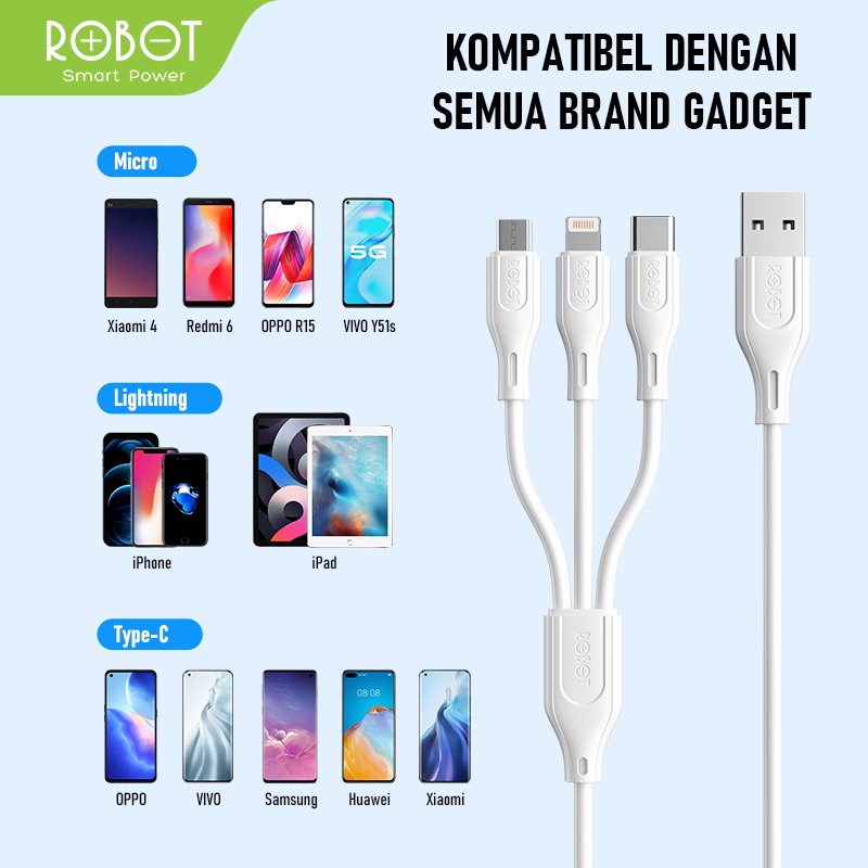 ROBOT RDY120 Kabel Data Fast Charging 3 in 1 Type-C / Micro Lightning Data Cable Original - Garansi Resmi 1 Tahun