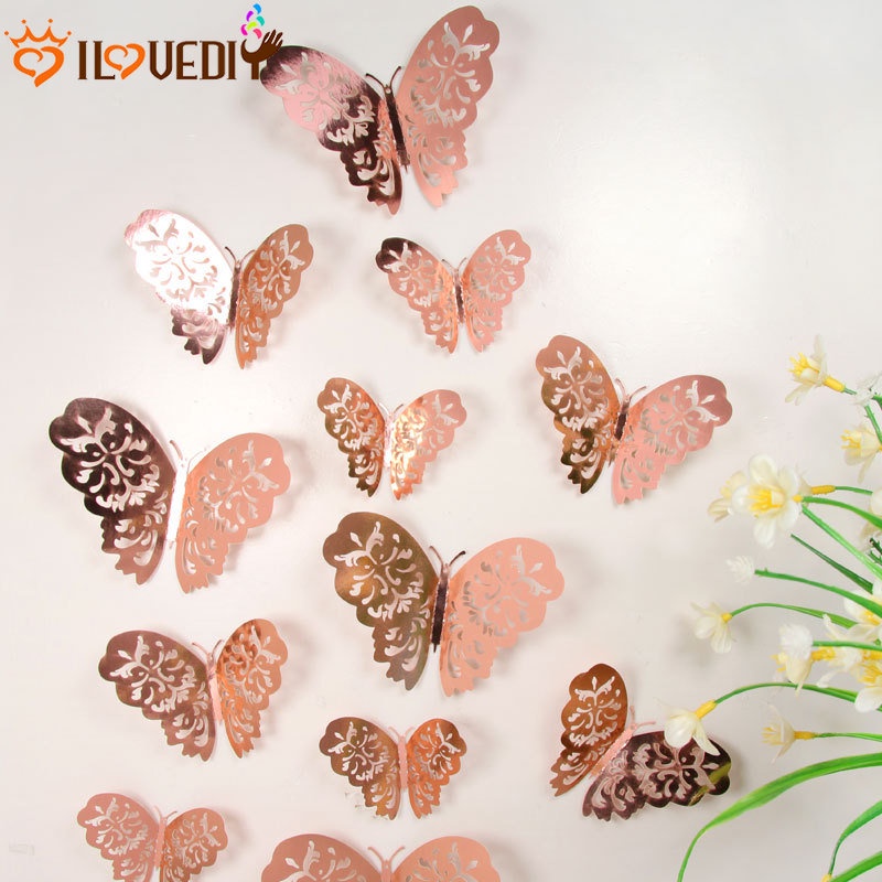 12pcs Pintu Jendela Kulkas Dekorasi Rosegold 3D Butterfly Stiker Glittering Pesta Art DIY Decals Removable Efek Cermin Wallpaper Kue Roti Dekorasi Kertas Kupu-Kupu