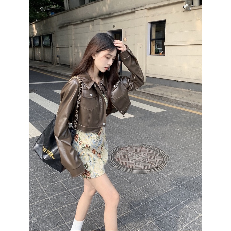 Red Manis dan keren gaya retro setelan wanita jaket kulit warna kopi musim semi bunga kecil suspender dress hot girl dua potong set