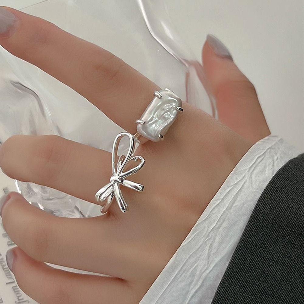 Mxbeauty Wanita Pembukaan Cincin Manis Indah Halus Mutiara Gadis Trendi Hadiah Busur Tembaga Sederhana Gaya Korea Cincin