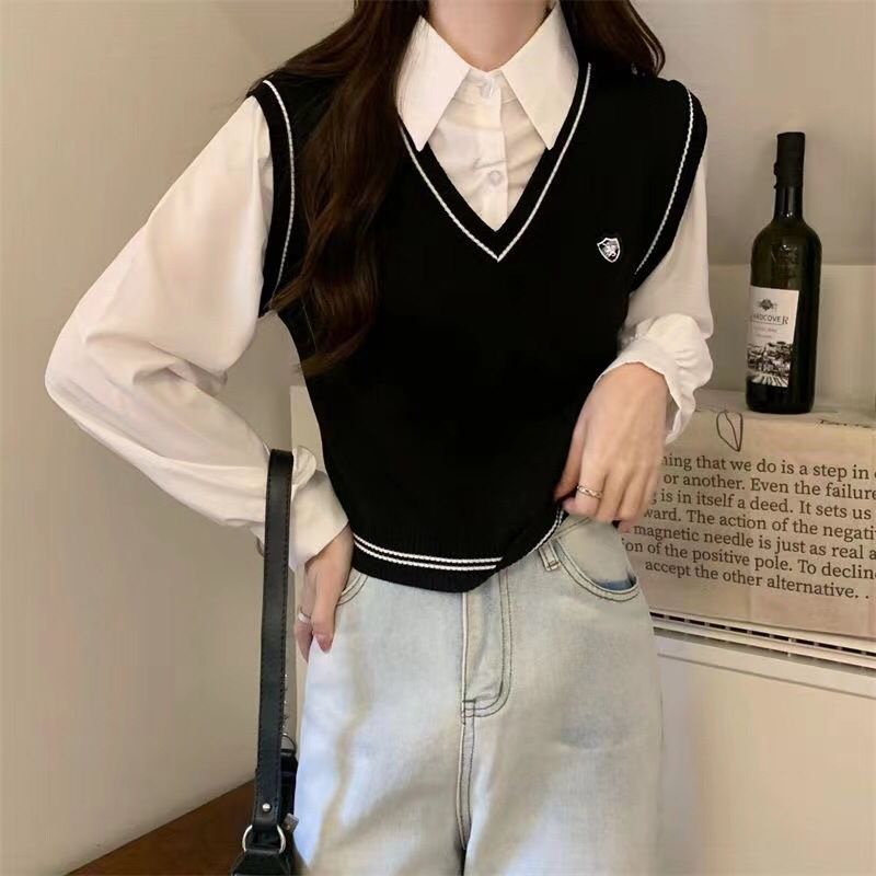 GROSIRTAS TG1663 Knit Vest Blouse Long Sleeve Ala Korea Import Vest LOGO Trend Korean Girl