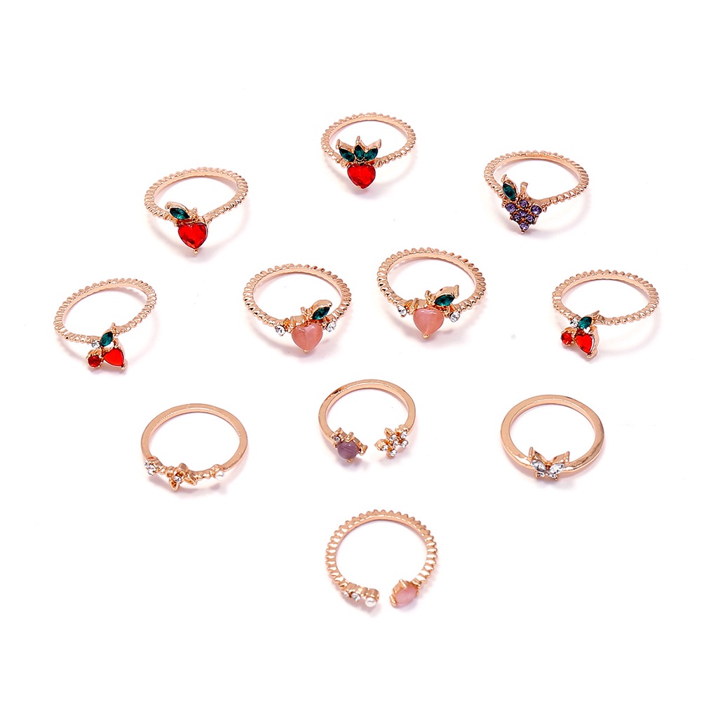 Indah Kecil Segar Buah Manis Apel Peach Strawberry Cherry Kupu-Kupu Snowflake Kepribadian Fun Ring 11buah Set Cincin