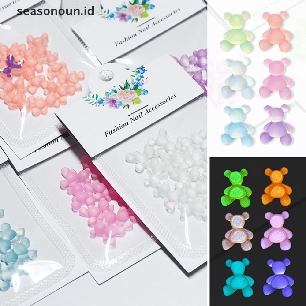 Seasonoun 10Pc Glow In The Dark Kawaii Candy Pink Bear Nail Ch Dekorasi Macaron Bears Akrilik Berlian Imitasi Bagian Perlengkapan Kuku.