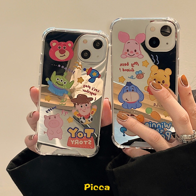 IPHONE Case Cermin Make Up Kartun Disney Winnie The Pooh Manyo Kompatibel Untuk Iphone11 13 12 Pro Max XR X XS Max8 7 Plus SE 2020 7Plus Toy Story Lucu Alien Phone Cover