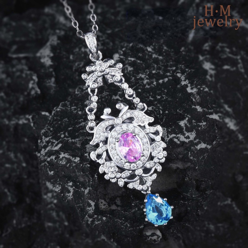Kalung Berlian Pink Alami Liontin Cluster Bunga Aquamarine Antik